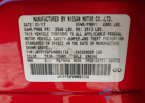 2017 Infiniti Q50 3.0T Red Sport 400 z USA, uszkodzony, nr VIN JN1FV7AP6HM851114